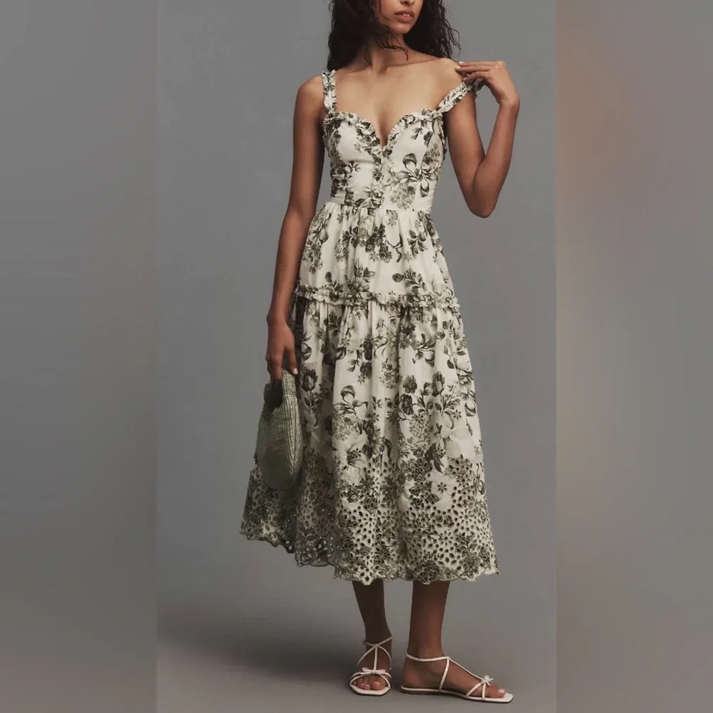 Anthropologie White and Green Floral Midi Dress Size Small - Picture 1 of 9